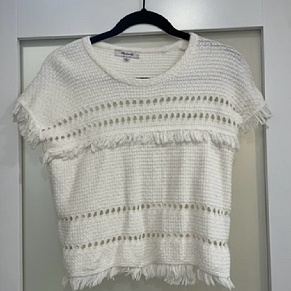 Madewell boho fringe Cream Relaxed Ribbed Short Sleeve Top